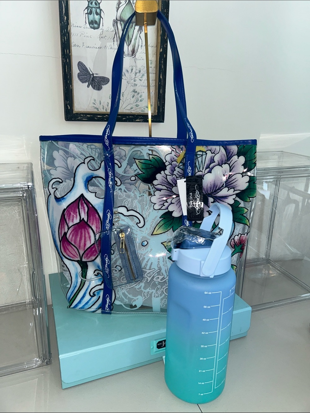 Ed Hardy Clear/Blue Floral Tote with Coin Pouch 12”x 4.5”x 14” & Thermos NWT